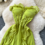 Style Dress 2025 Summer French Sexy Chest To Close Waist Thin Open Lotus Leaves Side Irregular