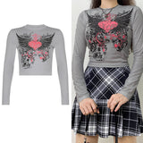Rockmore Vintage Print T-shirt Women Aesthetic Long Sleeve Crop Top Autumn E Girl Casual Basic Tee Shirt 90s Grunge