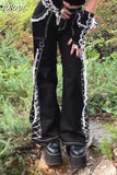 Gothic Punk Lace Trim Chain Baggy Jeans Streetwear Women Cyber Y2k Black Denim Trousers Grunge Aesthetic Pants