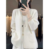 Autumn And Winter New Cashmere Cardigan Female V Collar Loose Solid Color Thick Jacket Lazy Wind Wool Knit Sweater Coat-Outfit