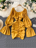 Elegant Solid Dress Women Ruched V Neck Flare Sleeve Slim Dresses Autumn Korean Fashion Streetwear Short