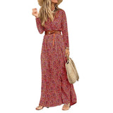 Long Maxi Dresses Women V Neck Fashion Paisley Print Sundress Belt Hem Casual Elegant Robe Femme Vintage Beach