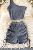 Casual Women 2 Piece Set Solid Summer Fashion One Shoulder Sleeveless Crop Top and Drawstring Shorts Workout