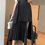 Spring Irregular Sashes Mid Calf Women Pleated Skirt Khaki Pleated Skirt Vintage High Waist Casual Skirts Female Faldas
