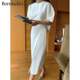 Skirt Suits Women Summer Two Piece Set Short Sleeve O-neck T Shirt + High Waist Long Pleated Skirt 2 Piece