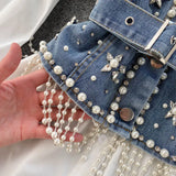 2023 New Blouse Women's Diamond Beaded Puff Sleeve Blusa Top Tassel Pearl Sling Waistcoat Two-piece Sets Stacking