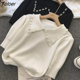 Beading Knitted T Shirt Tops Women Summer Short Sleeve Turn-down Collar Pullover Solid Slim Korean Fashion Female