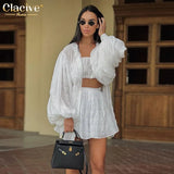 Casual Loose White Three Piece Sets Womens Outifits Fashion Long Sleeve Shirts + Tube Top Matching High Waist Shorts