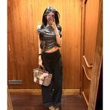 Atmosphere Is Thin Wear With Striped Slanted Shoulder Slim Short-Sleeved T-Shirt Lattice Spliced Design Sense Loose Pants
