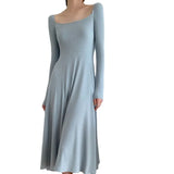 Sleeve Knitted Midi Dress Women Pure Color Elegant Dress Party Autumn 2022 Fairy Slim One Piece Dress Korean Fashion