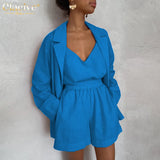 Fashion Crop Top Long Sleeve Shirts 3 Piece Sets Womens Outifits Autumn Orange Shorts Set Elegant Loose Suit With