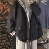 Jackets Women Hooded Harajuku Patchwork Plaid Coats Couple BF High Street Cargo Jacket Female Baggy All-match Ins