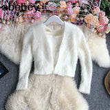 New Spring Autumn Fashion long sleeve buttonless knitted Cardigan short solid color fluffy Sweater Top with short