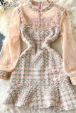 Runway Autumn Pearls Mesh Patchwork Tweed Dress Women's Long Sleeve Gorgeous Flower Embroidery Elegant Mermaid