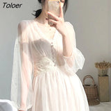Elegant Summer Dress Women Party Lace Mesh White Dress Female Puff Sleeve V-Neck Sexy Long Dresses For Women Vestidos