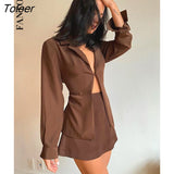 Turn-down Collar Button Women Two Piece Set Brown Long Sleeve Top High Waist Skirt Women Autumn Sexy Slim Office
