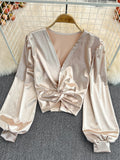 Spring Autumn Sexy Satin Blouse Women Elegant V-Neck Twist Lantern Long Sleeve Party Tops Female Elegant Gold/Black Blusas