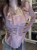 Blouses Women Square Collar Slim Waist Shirts Sweet Ruffles Drawstring Korean Blouse Crop Tops 2023 Blusas Mujer De
