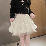 Kawaii Fashion White Mini Skirt Women Lace Ruffle Patchwork Japanese Cute Fairycore High Waist Lolita Skirt Tutu