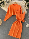 Women Sexy Knitted Two Pieces Suits Short Loose Pullover Top+Midi Camis Dress Striped Winter Streetwear Sweater