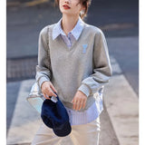 Autumn And Winter Splicing Women's Shirt Wear Design Niche Collar Loose Jaflage Shirt Fake