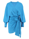 Casual Women Wrap Dress Lace-Up Bow Orange Linen Dress Summer 2022 Lantern Sleeve Irregular Tunic Dresses