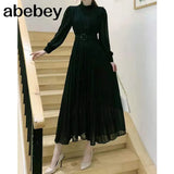 New Spring Summer Temperament half high collar long sleeve Dress high waist lace up waist mid-length A-line Pleated