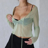 Women Blouse Sexy Sheer See Through Mesh Long Sleeve Crop Top Lace Up Bandage Shirt 90s 00s Blouses Summer Party