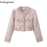 Jackets for Women Fashion Tweed Puff Sleeve Outwear Crop Tops O-neck Long Sleeve Temperament Korean Chic Vintage