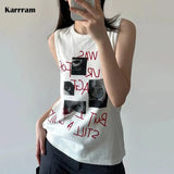 Vintage Grunge Ribbed Tank Tops Korean Fashion Graphic Tanktops Knitted Japanese Harajuku White Tops Punk Streetwear