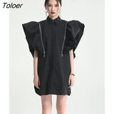 Women Black Ruffles Zipper Two Waus Wear Shirt Dress New Lapel Short Sleeve Loose Fit Fashion Spring Summer 2023