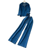 Wind High-End Retro Lapel Long-Sleeved Cowboy Topess 2025 Autumn Dress High-Waisted Casual Broad-Legged Straight