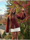 2025 Fashion Casual Red V-Neck Collar Waist Sweater Knitted