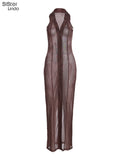Sisterlinda Stunning Elegant Mesh V-Neck Maxi Dress Women Sleeveless Button Snake Turn-Down Collar Party Clubwear Female