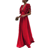Sleeves Mid Waist V-neck Backless Solid Color Long