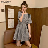 Women Black White Plaid Korean Style Lovely Girl Clothing Lace Up Retro All-match Steetwear Female Vintage Trendy