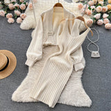 Fashion Vintage Sweater Two Pieces Sets Women Knit Cardigan+Midi Camis Dress Autumn Streetwear Loose Knitted