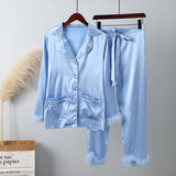 Wear Women Soft Feather Home Suit Button Up Top Slim Pants Two Piece Set 2022 Casual Pajama Elegant Lady Homewear