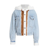 Toloer Blue Denim Lamb Hair Spring 2024 New Splicing Personality Single Breasted Short Coat Woman-Outfit