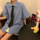 Women Short Sleeve blouses Solid Bf Oversize Loose Turn Down Collar College Simple Womens All-match Harajuku 2020