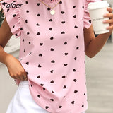 Chiffon Print Women's Shirt Casual Ruffle Short Sleeve Top Pink Chic Woman Blouse And Shirts Elegant Blouses Summer