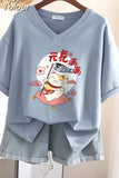 100% Cotton M-6XL T Shirt Japanese Cartoon Anime Tshirt Short Sleeve Women's Top Summer Couple V Neck Oversized T