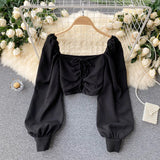 Women Fashion Korean Blouse Square Collar Long Puff Sleeve Solid Slim Tops 2022 Autumn Casual Vacation Short