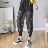 Ice Silk Capri Pants Female New Embroidery Harem Pants Women Thin Loose Mesh Casual Sunscreen Black Pantalon Femme