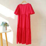 Cotton Casual Summer Maxi Green Dress Women O Neck A-line Oversized Short Sleeve Midi Dresses Puff Sleeve White Long
