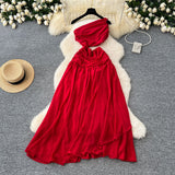 Spring New French Atmosphere Temperament Hollow Exposed Waist Thin Shoulder Irregular Chiffon Dress