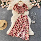 Summer Bohemian Women Floral Printed Two Piece Set Sexy Beach Suit Square Collar Puff Sleeve Short Tops + Skirt New Fashion