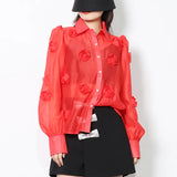 Casual Patchwork Appliques Blouses For Women Lapel Loose Long Sleeve Single Breasted Shirts Female 2022 Clothes