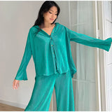 Women's Shirt Pleated 2 Piece Set Flare Sleeve High Waist Wide Leg Pants Suit Spring New Casual Elegant Female