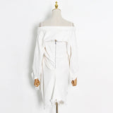 White Sexy Dresses For Women Boat Neck Long Sleeve Cold Shoulder Gathered Waist Mini Dress 2021 Summer New